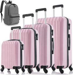 5 Piece Set Luggage Sets Suitcase ABS Hardshell Lightweight Spinner Wheels (16/20/24/28 inch) Pink