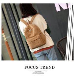 Corduroy Backpack Fashion Women Bookbags Pure Color Shoulder Bag Teenger Girl Travel Bag Mochila Striped Rucksack (Color: Brown)