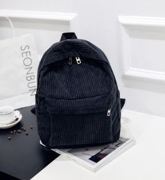 Corduroy Backpack Fashion Women Bookbags Pure Color Shoulder Bag Teenger Girl Travel Bag Mochila Striped Rucksack (Color: Black)